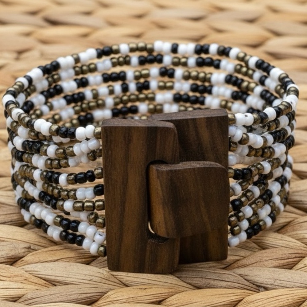 Boho Stretch Bead Natural Wood Latch Bracelet